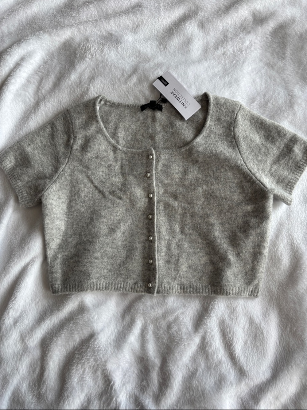 Dynamite Light Gray Cropped Short-Sleeve Cardigan with Pearl Buttons